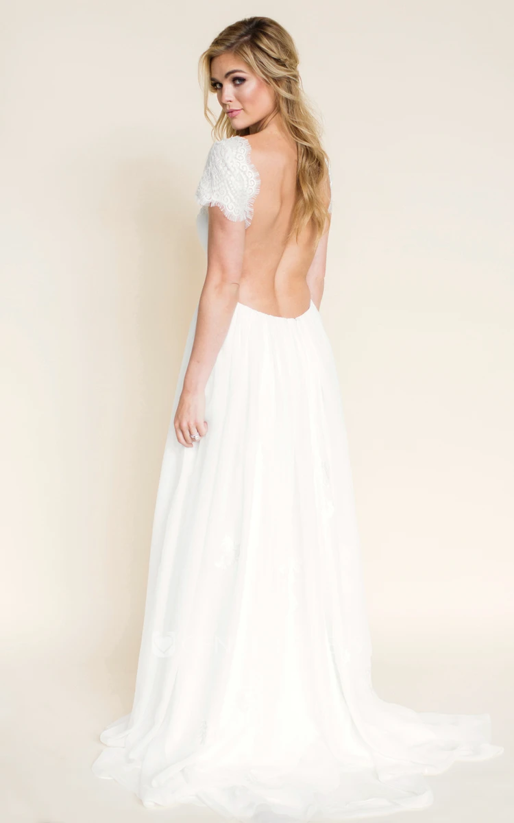 Sheath Short-Sleeve V-Neck Chiffon Wedding Dress With Lace And Backless Design