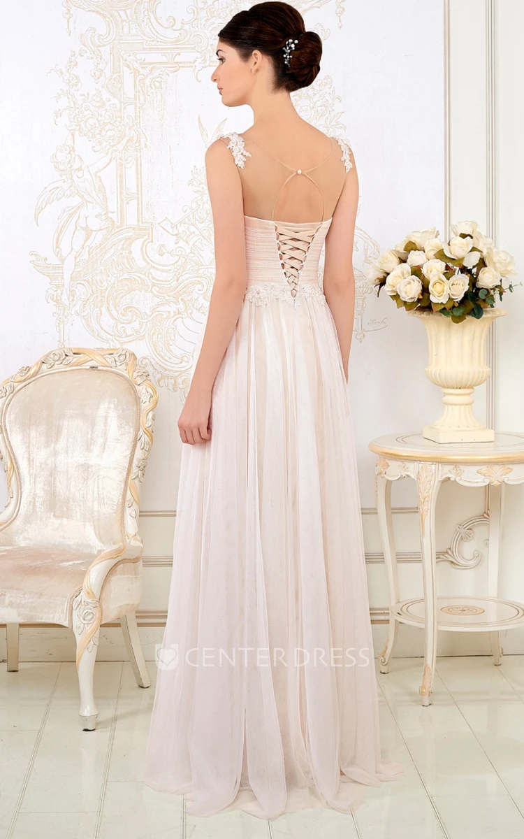 A-Line Ruched V-Neck Sleeveless Long Tulle Wedding Dress With Appliques And Pleats