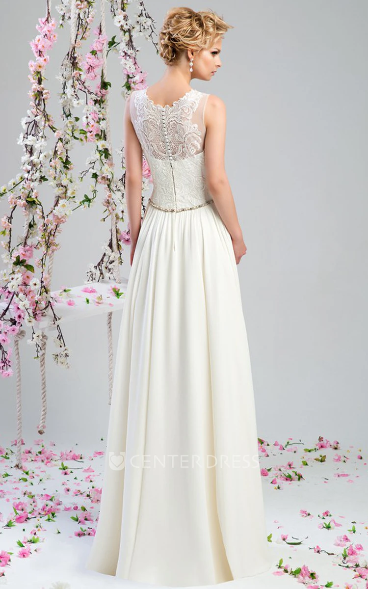 Sheath Scoop-Neck Appliqued Floor-Length Sleeveless Chiffon Wedding Dress With Waist Jewellery