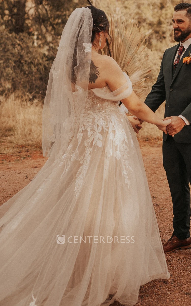 A-Line Off-Shoulder Tulle Wedding Dress with Train Elegant Romantic