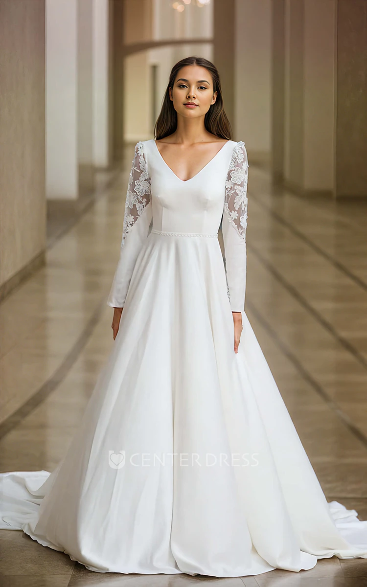 Ethereal Sexy Appliques A-Line V-neck Satin Wedding Dress Elegant Solid Flowers Long Sleeve Floor-length with Train Zipper V Back Bridal Gown