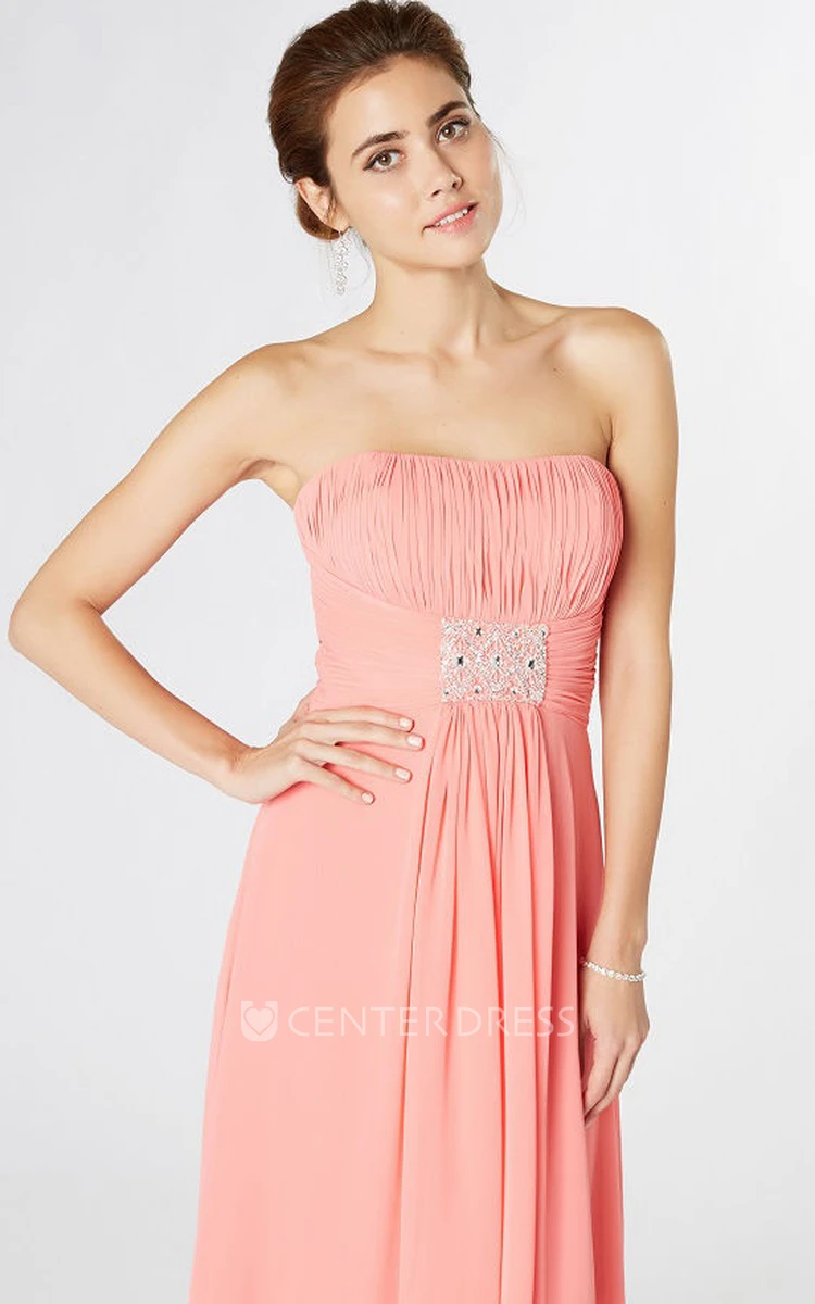 Strapless Maxi Ruched Chiffon Bridesmaid Dress With Waist Jewellery And Corset Back