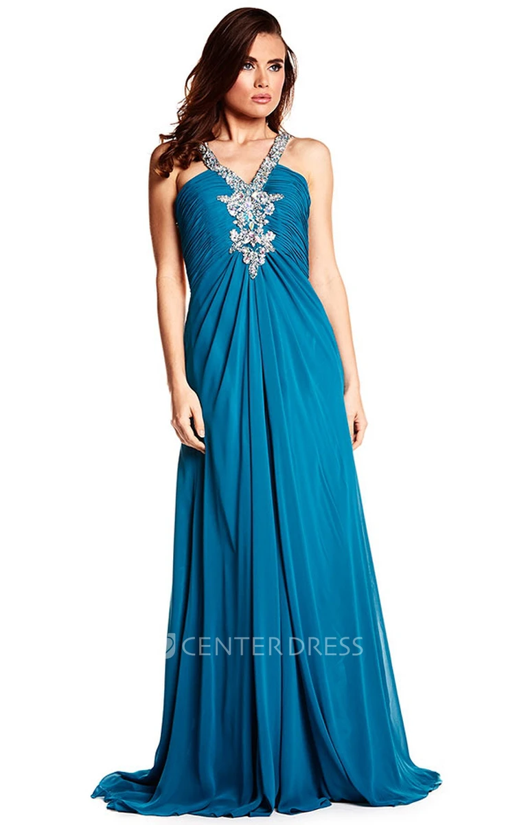 A-Line Ruched Sleeveless Floor-Length Empire Chiffon Prom Dress With Straps And Beading