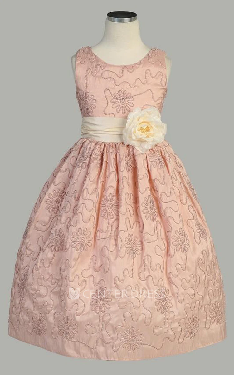 Tea-Length Floral Embroideried Taffeta Flower Girl Dress