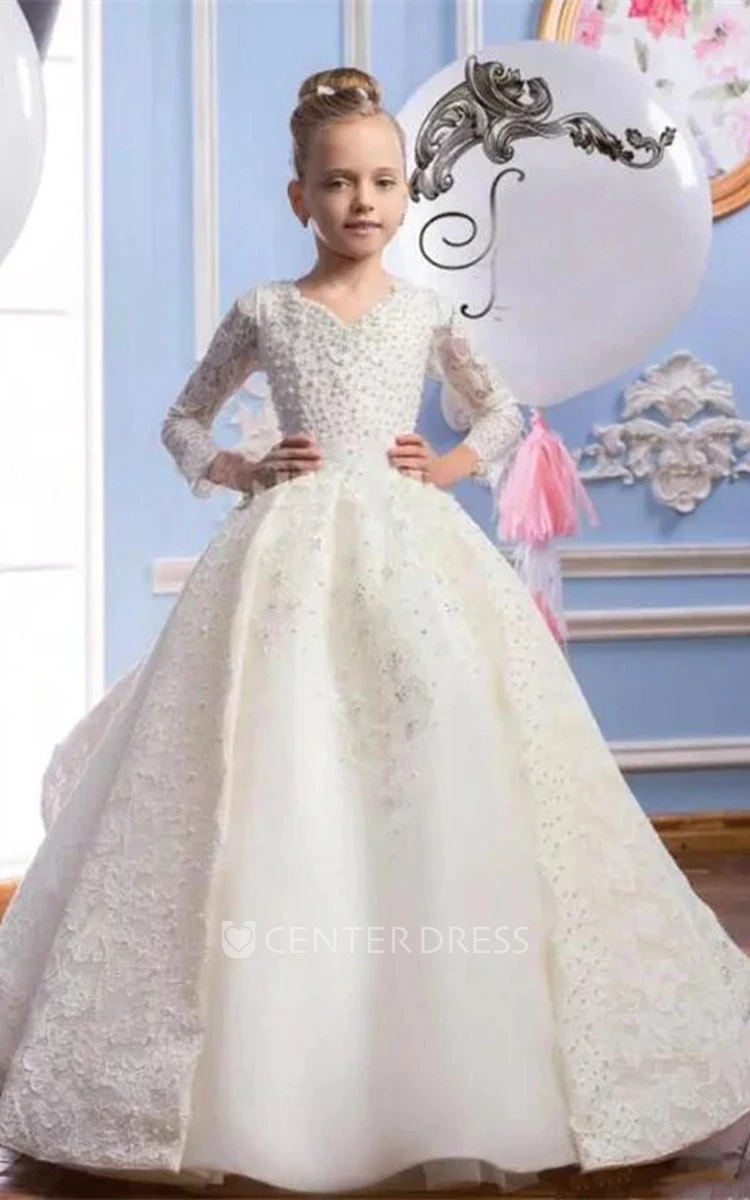 Ball Gown V-neck Laced Beading Tier Flower Girl Dress with Applique