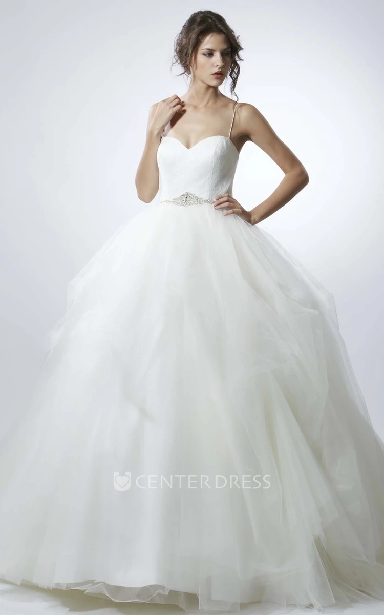 Long Spaghetti Jeweled Tulle Wedding Dress With Sweep Train And V Back