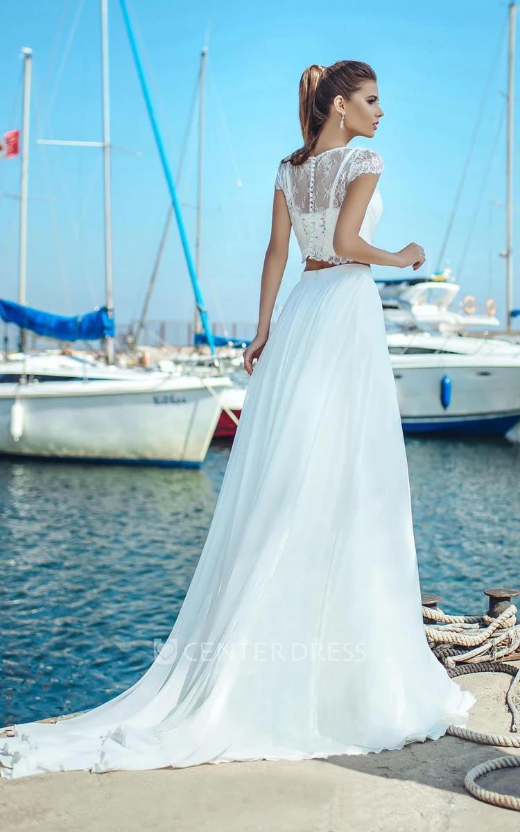 Chiffon and Tulle Two-piece Jewel Neck Cap-sleeve Wedding Dress