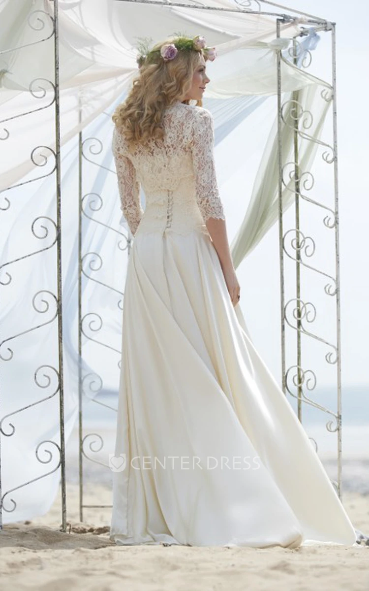 A-Line 3-4-Sleeve Floor-Length Strapless Chiffon Wedding Dress With Lace And Illusion