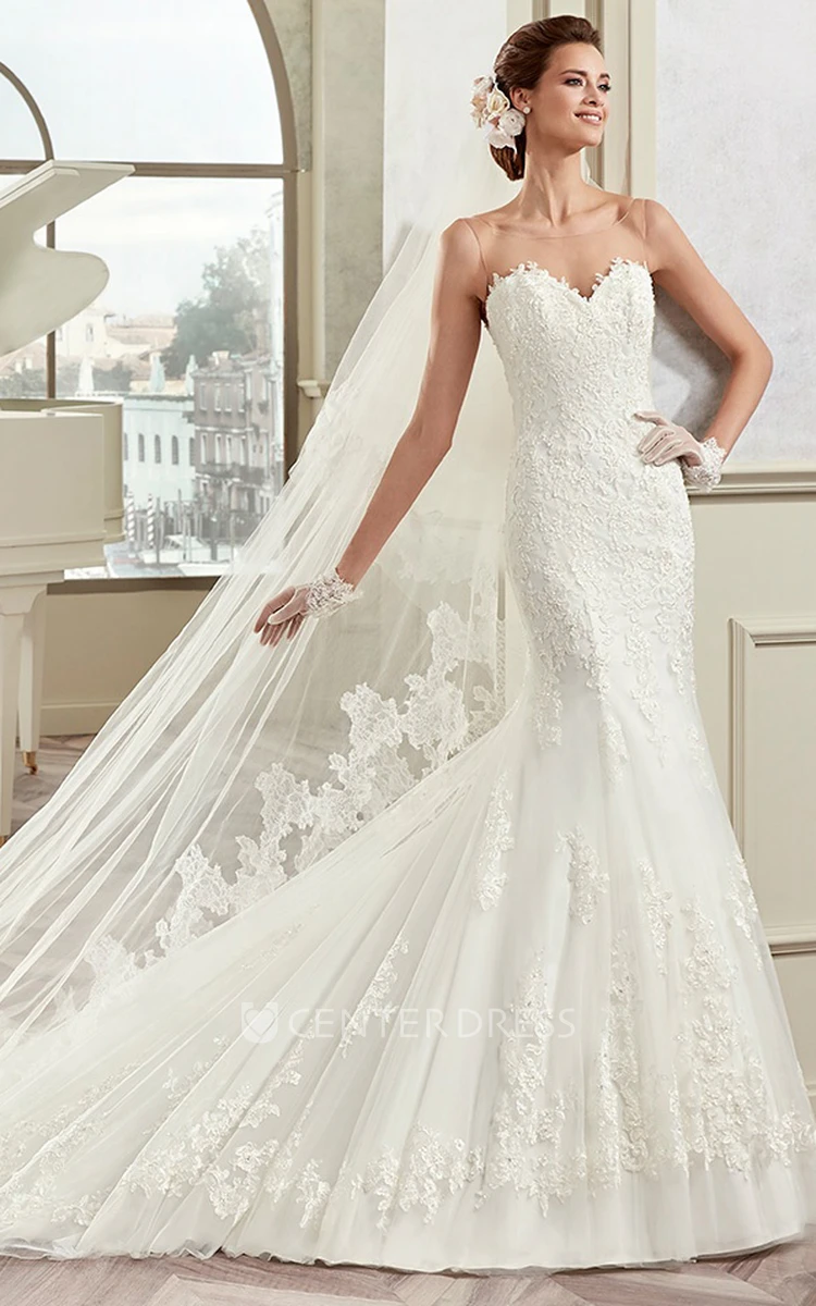 Sweetheart Sheath Mermaid Bridal Gown With Illusive Design And Brush Train