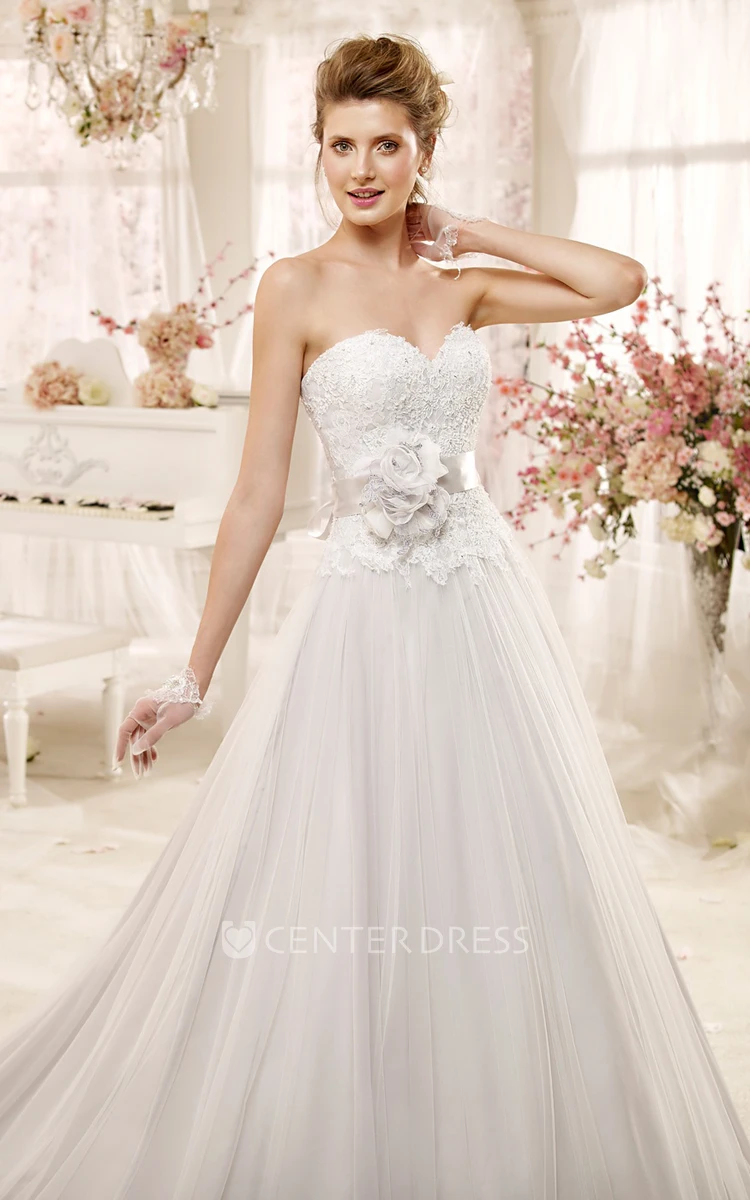 Sweetheart A-line Wedding Dress with Lace Bodice and Flowers