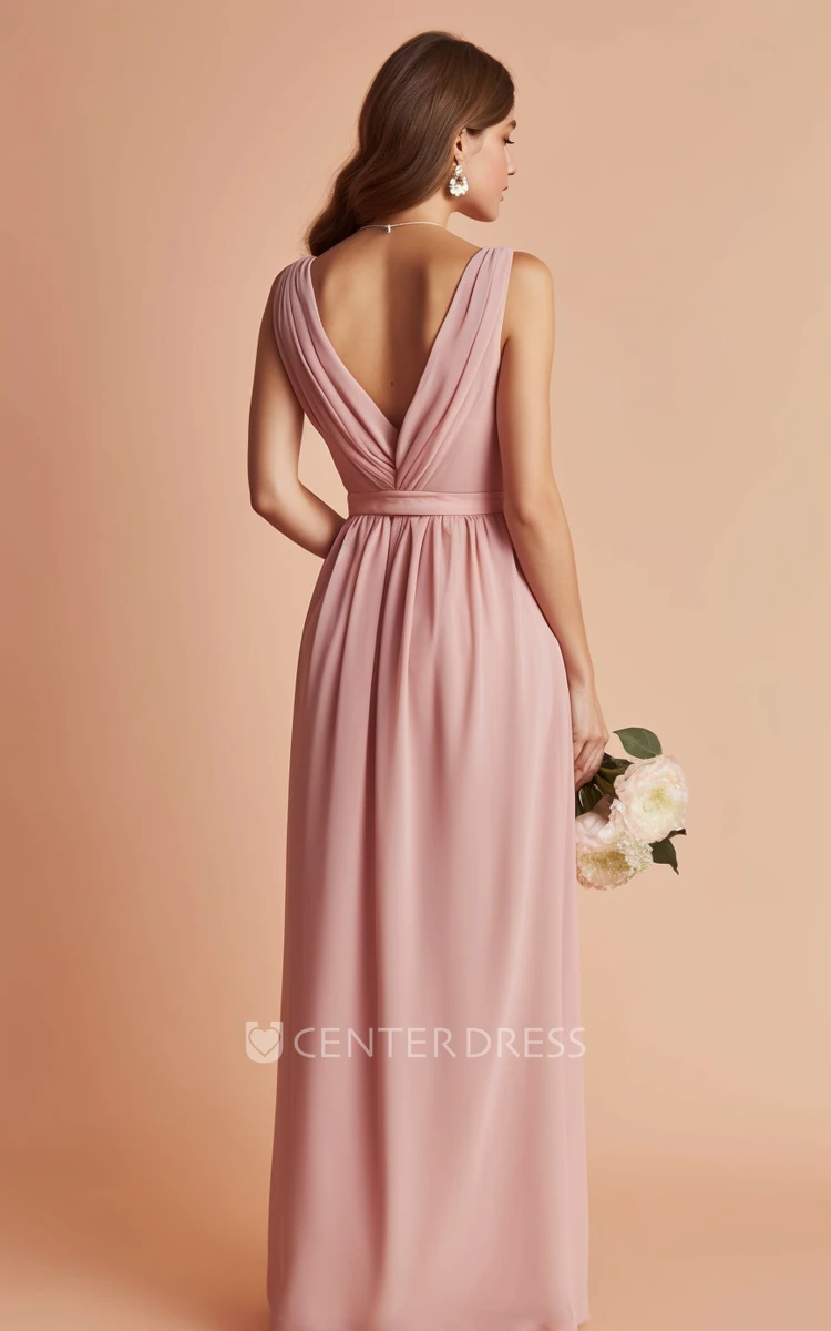 Ethereal Chiffon Bridesmaid Dress A-Line V-neck Casual Bohemian Sleeveless Floor-length 2023