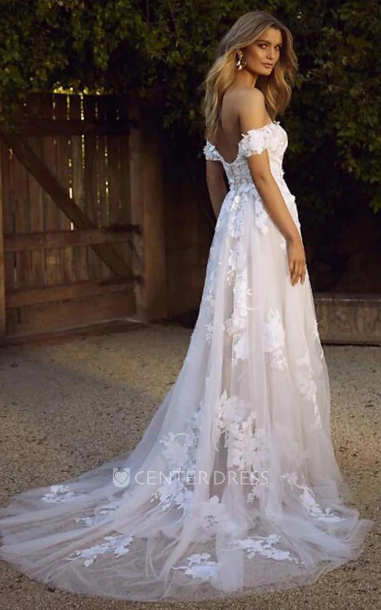 Lace Tulle Off-the-shoulder A Line Sleeveless Court Train Open Back Wedding Dress With Appliques