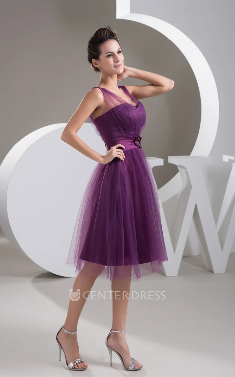 Modern Grape Tulle Knee-Length Short Formal Dress with Floral Waist