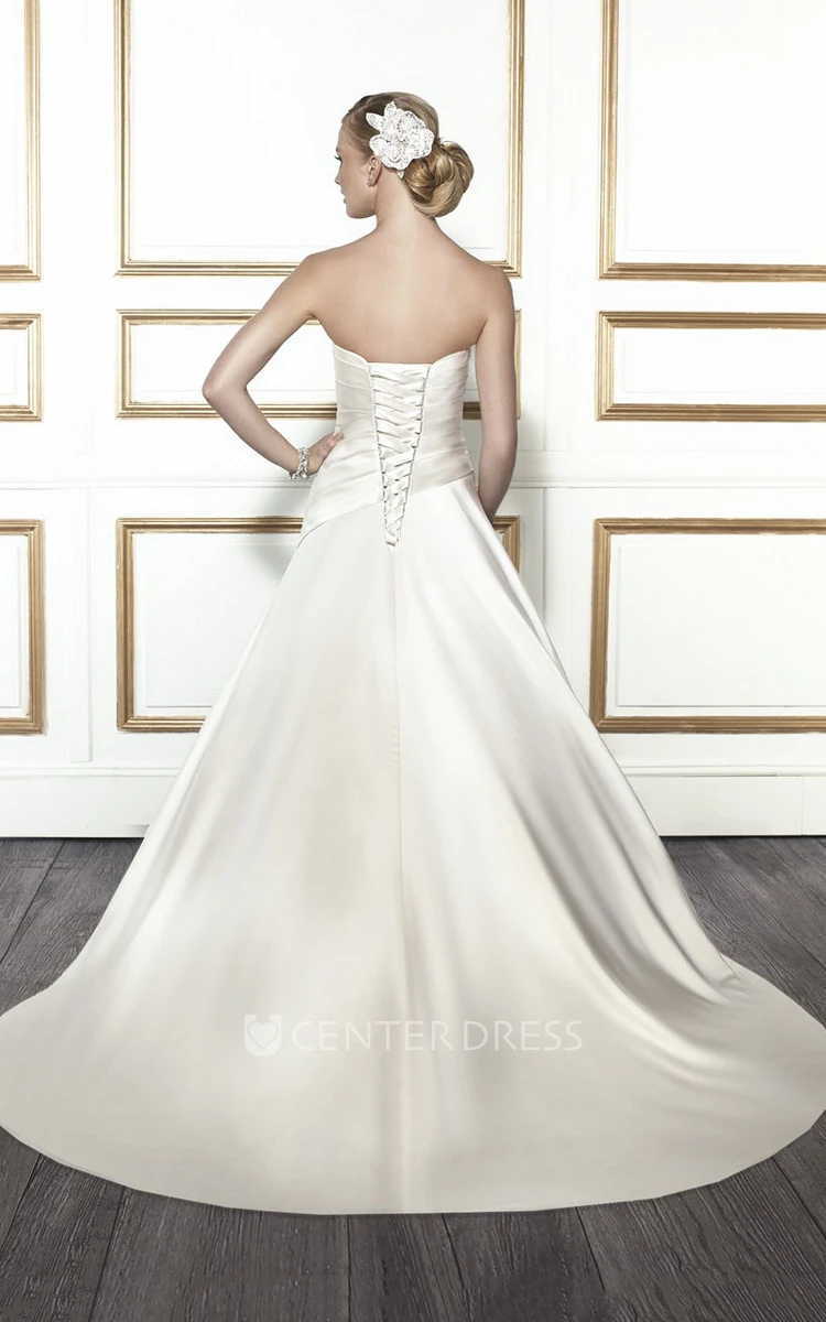 A-Line Strapless Side-Draped Sleeveless Floor-Length Satin Wedding Dress With Beading And Lace-Up Back