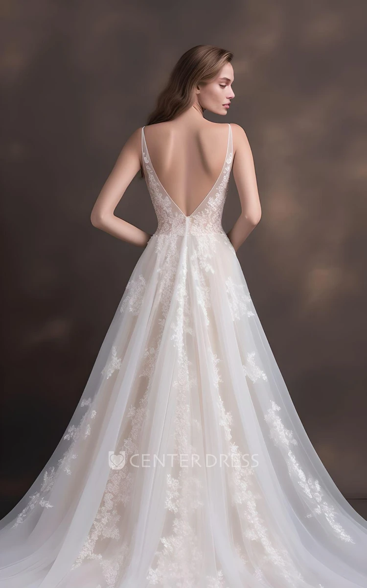 Romantic Tulle Wedding Dress A-Line Sleeveless Plunging Neckline