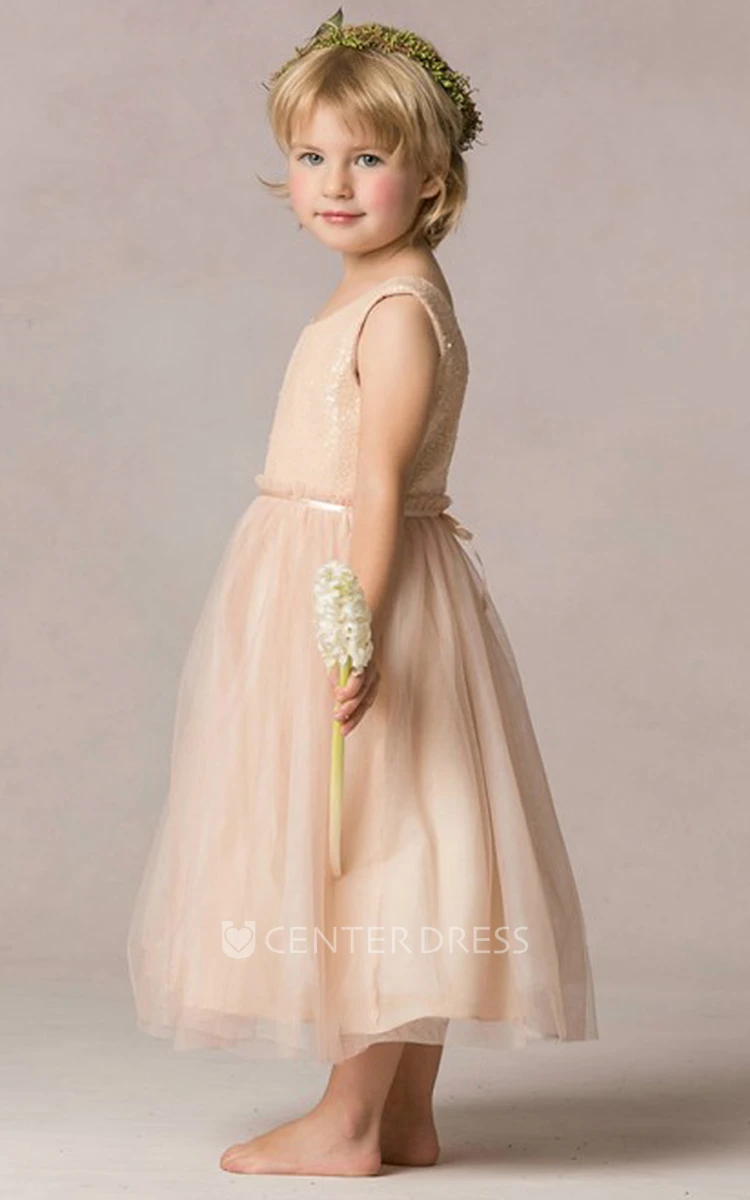 A-Line Sequined Scoop-Neck Tea-Length Sleeveless Tulle Flower Girl Dress