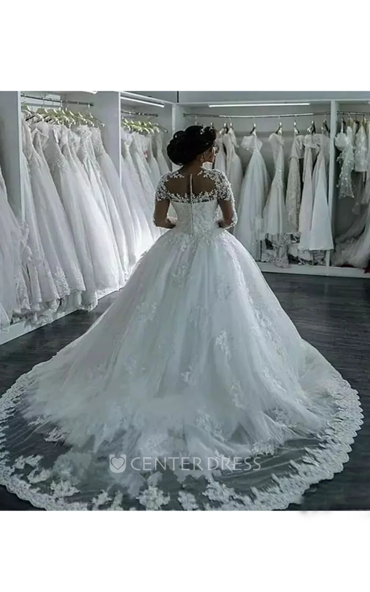 Sleeveless Jewel A-Line Ball Gown Lace Tulle Zipper Illusion Wedding Dress