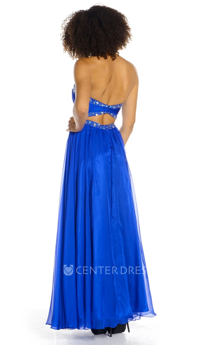 A-Line Sleeveless Ankle-Length Beaded Sweetheart Chiffon Prom Dress With Backless Style And Ruching