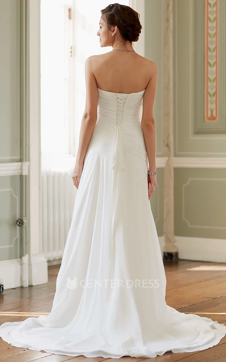 Long Sweetheart Ruched Chiffon Wedding Dress With Court Train And Corset Back