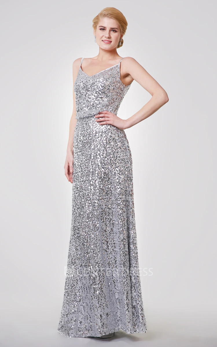 Sexy Spaghetti Straps Sheath Sequined Prom Gown