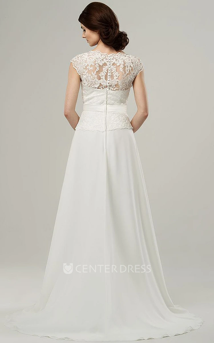 Floor-Length Jewel Appliqued Cap-Sleeve Chiffon Wedding Dress