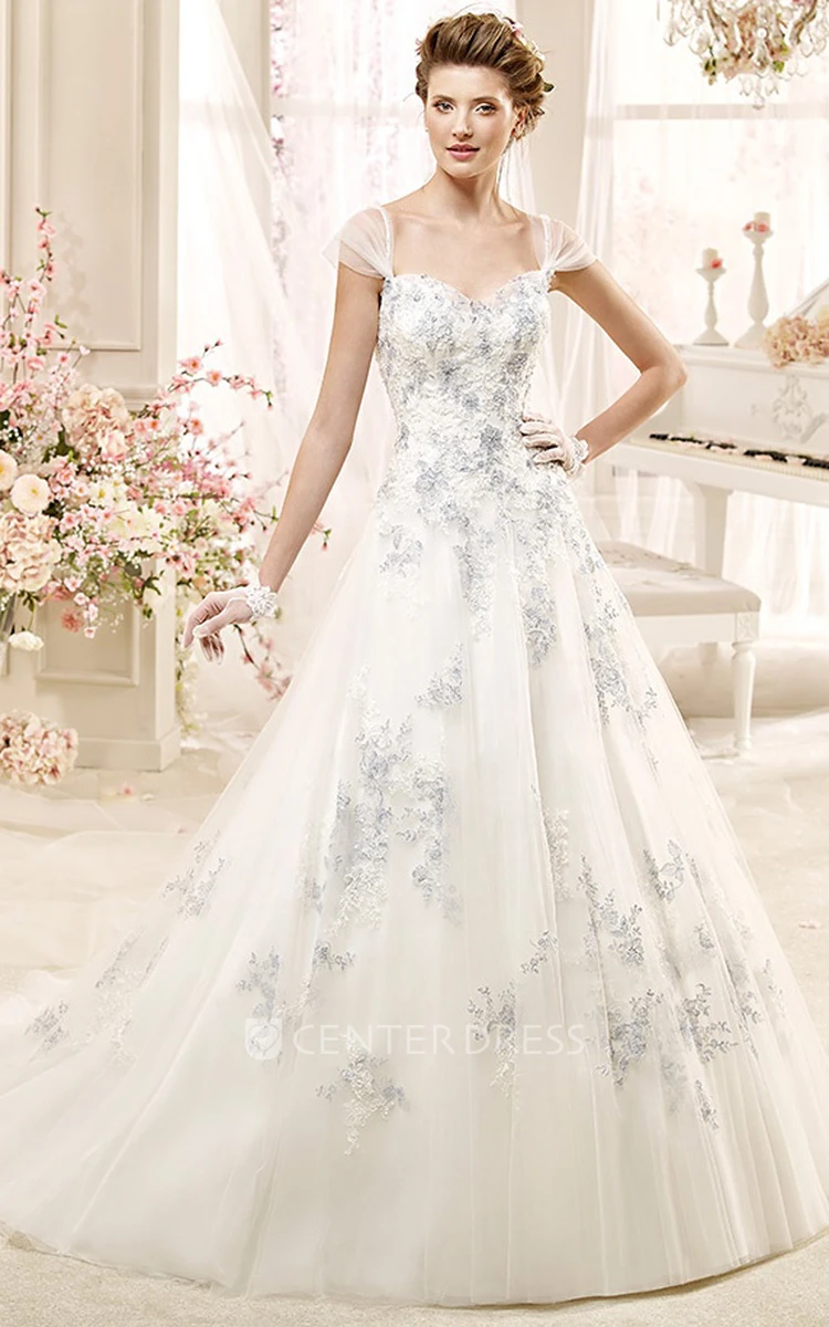 Romantic Sweetheart A-line Wedding Dress with Beaded Flowers and Brush Train