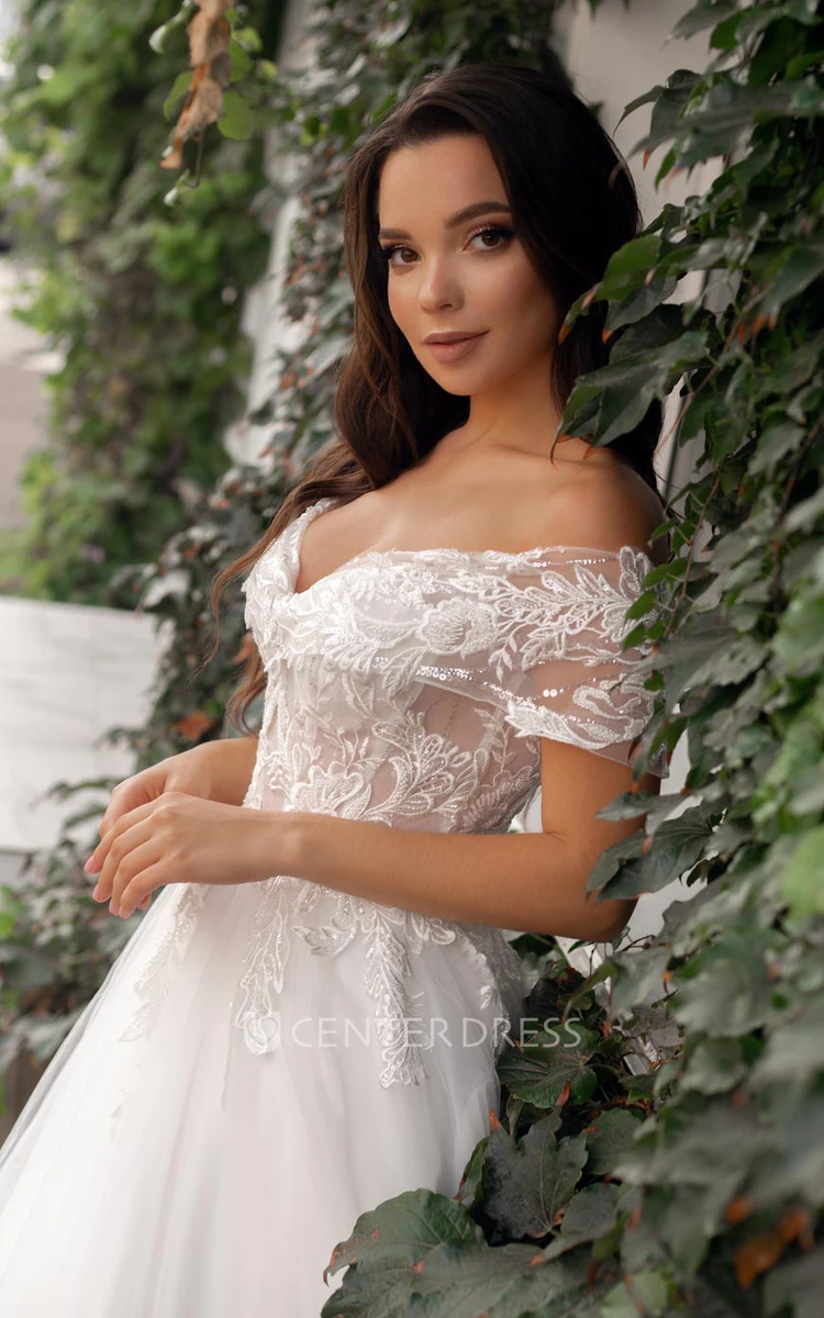 Romantic Ball Gown Tulle Off-the-shoulder Sweep Train Wedding Dress with Ruching