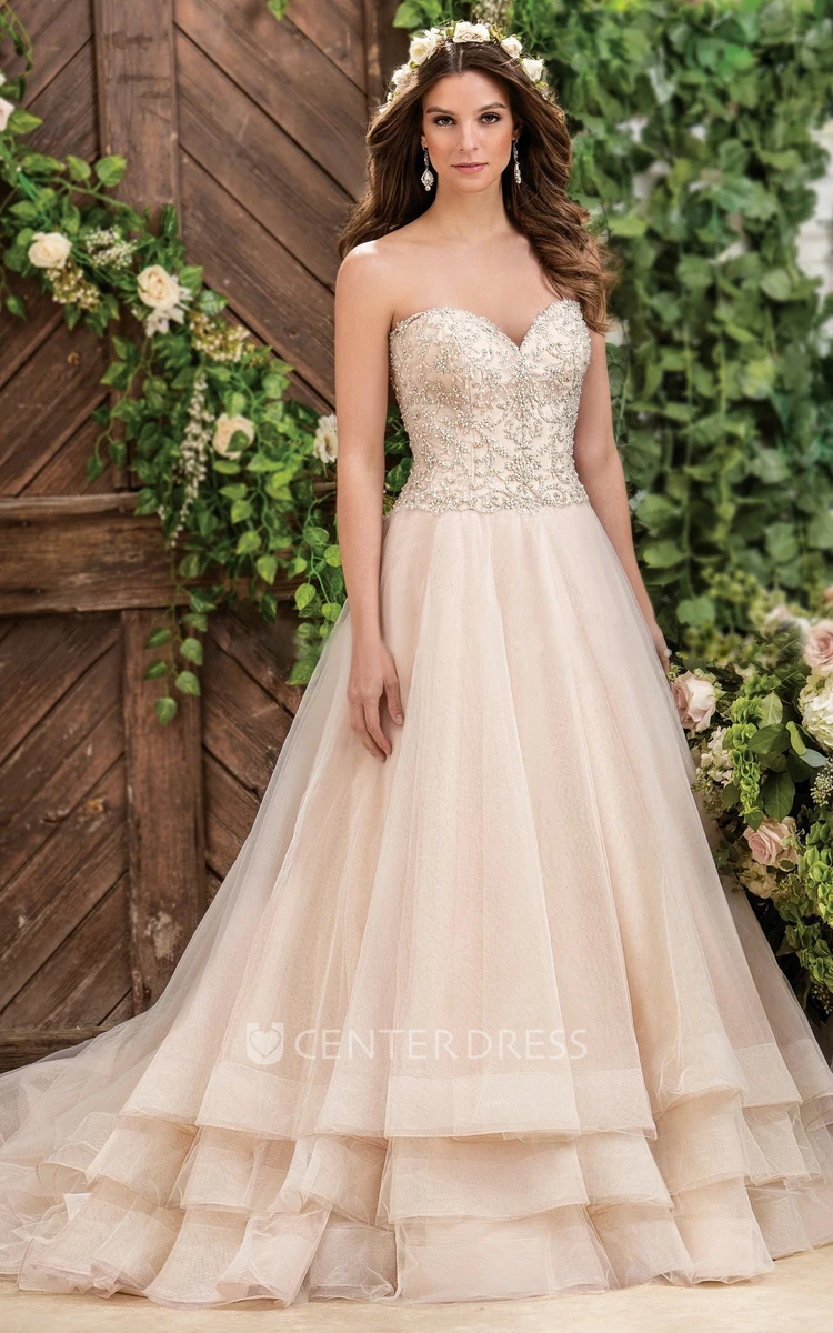 Sweetheart A-Line Tiered Wedding Dress With Beaded Bodice