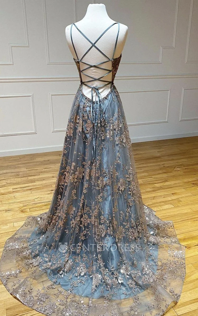 Romantic Sleeveless Floor-length Lace A Line Prom Dress with Appliques