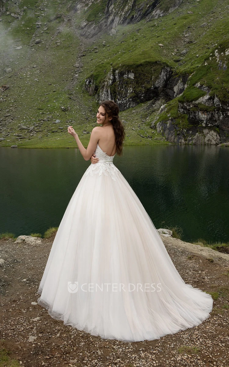 V-neck Romantic A-line Tulle Wedding Dress With Lace Bodice And Pleatings