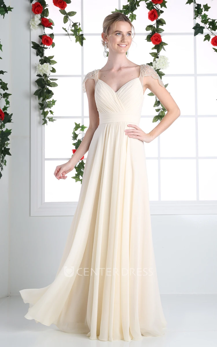 A-Line Long V-Neck Cap-Sleeve Chiffon Low-V Back Dress With Beading And Ruching