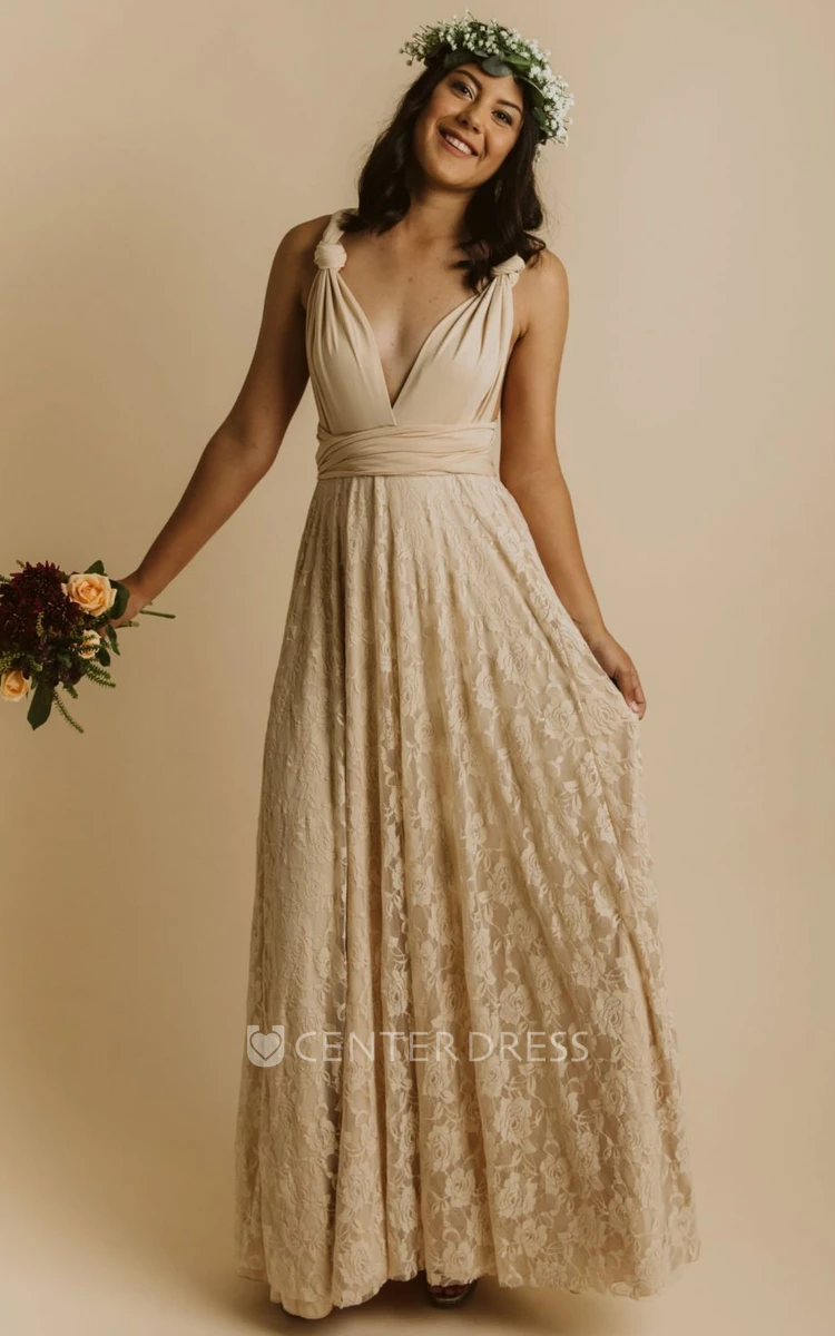Simple Informal Convertible Straps A-Line Jersey Lace Bridesmaid Dress With  Open Back And Sash - UCenter Dress