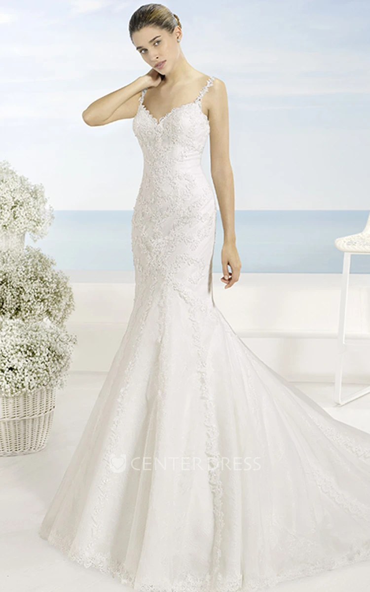 Mermaid Sleeveless Spaghetti Floor-Length Appliqued Lace Wedding Dress With Court Train And Low-V Back