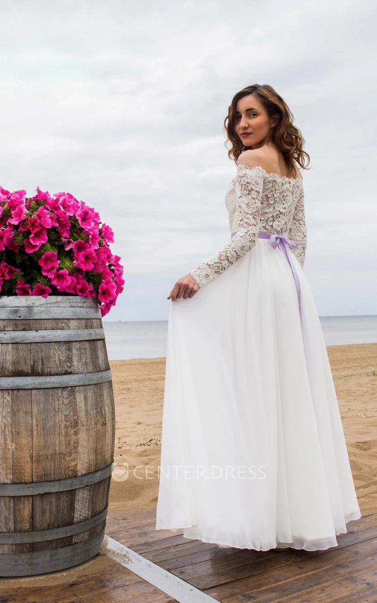 Off-Shoulder Long Sleeve Closed Sheer Back Wedding Dress With Chiffon Skirt