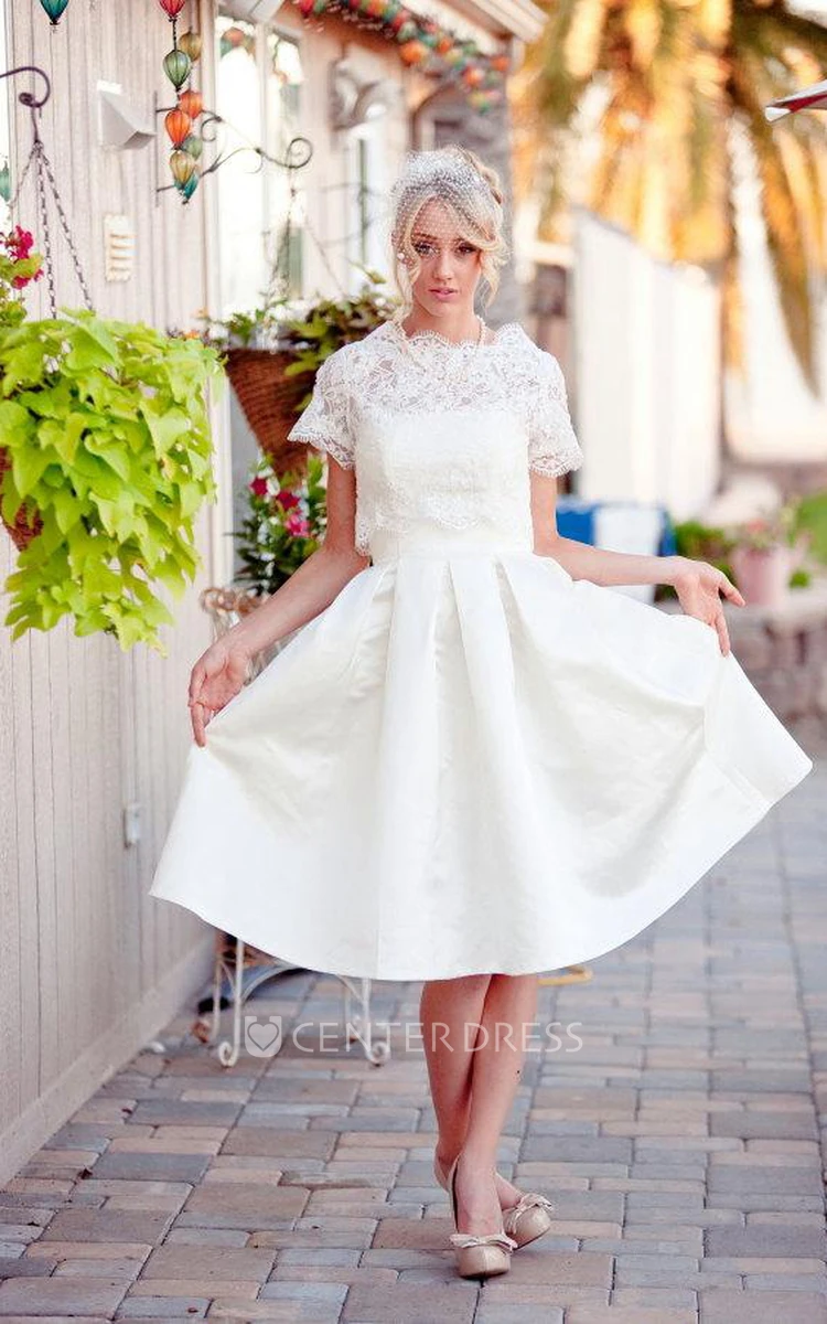 Scalloped Short Sleeve Satin Wedding Dress With Lace And Button Back
