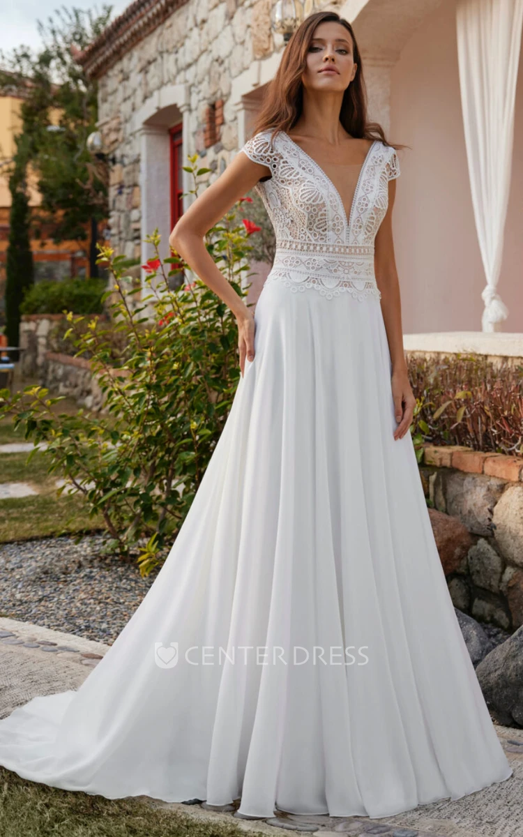Bohemian Country Lace A-Line Wedding Dress with Deep-V Back and Chiffon Skirt