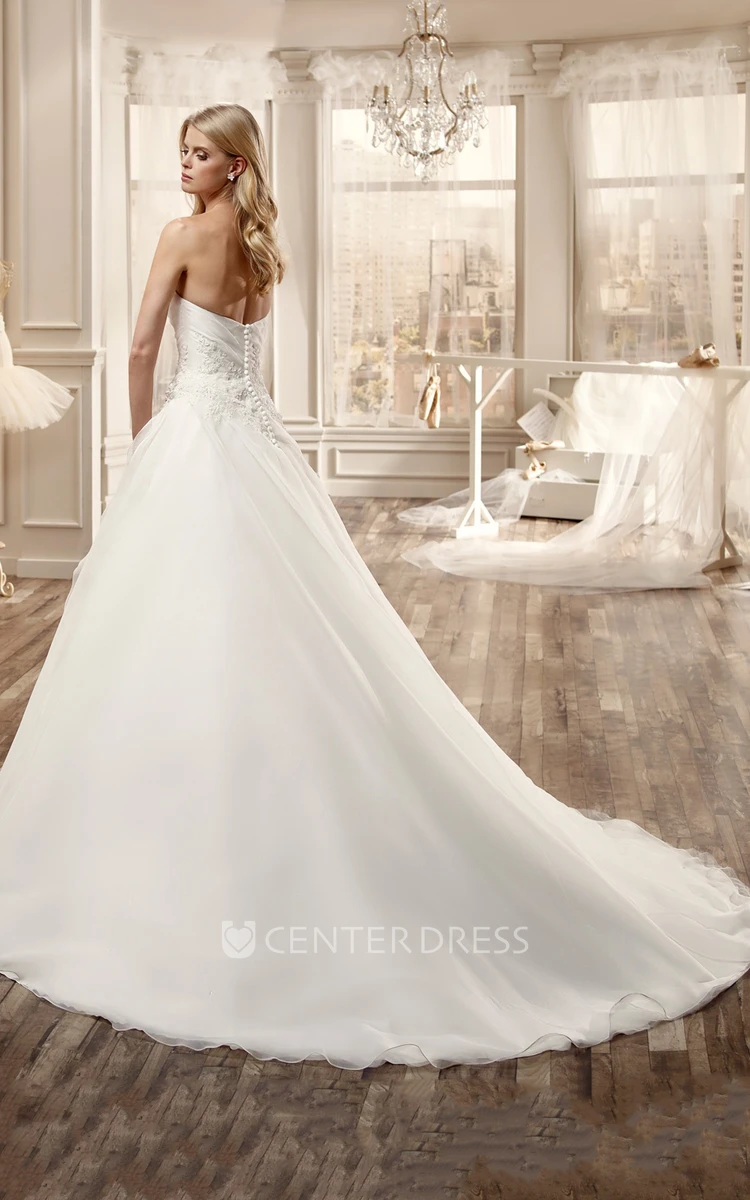 Strapless Long Wedding Dress With Pleated Skirt And Side Beaded Waist