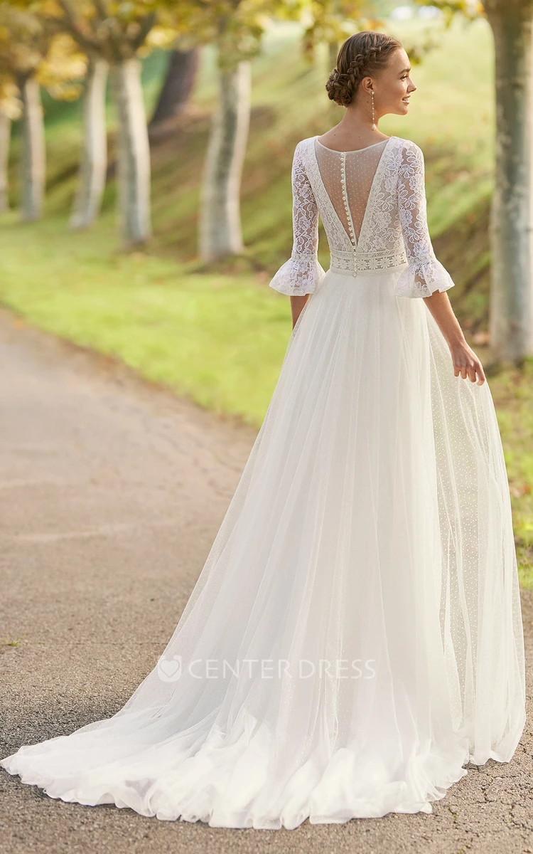 Bohemian Tulle V-Neck Wedding Dress with Button Back and Appliques Unique Bridal Gown
