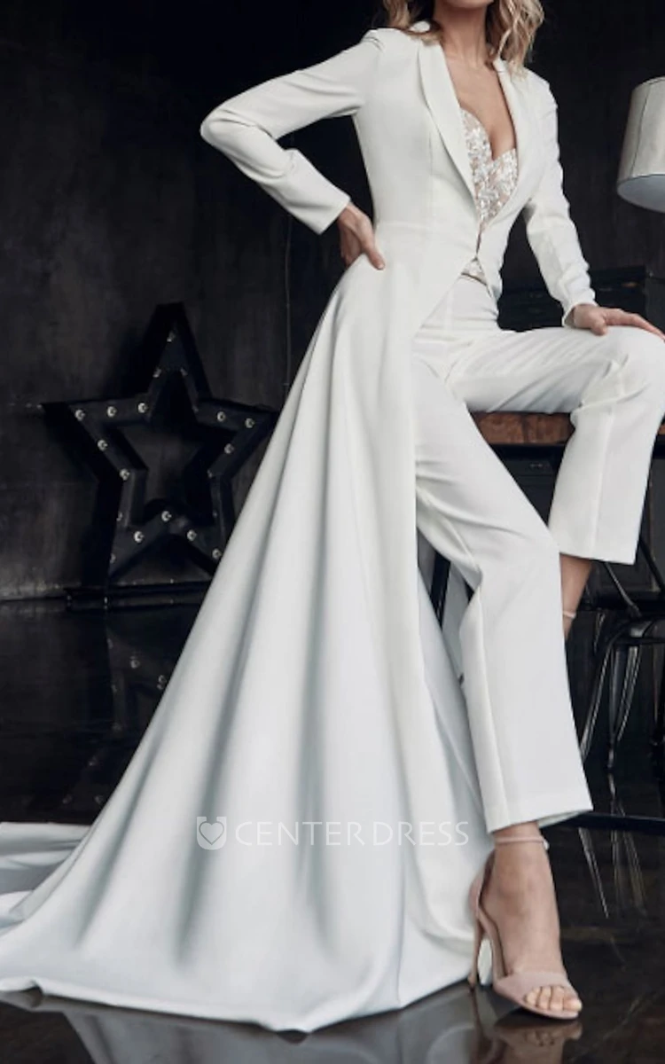 Sexy Satin Two Piece Wedding Jumpsuit Sweetheart Long Sleeves Western Dress