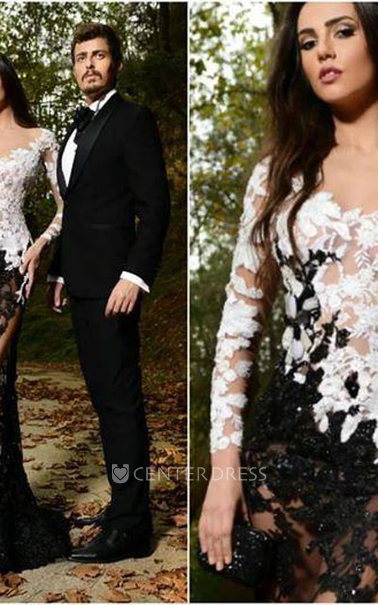 Sexy Lace Appliques Mermaid Prom Dress Front Split Black and White