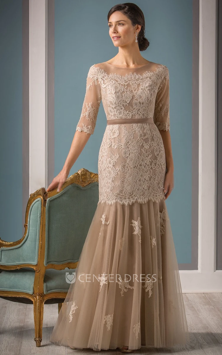 Half-Sleeved Mermaid Mother Of The Bride Dress With Appliques And Dropped Waist