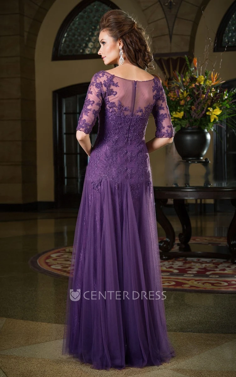 Half-Sleeved Long Mother Of The Bride Dress With Dropped Waistline And Appliques