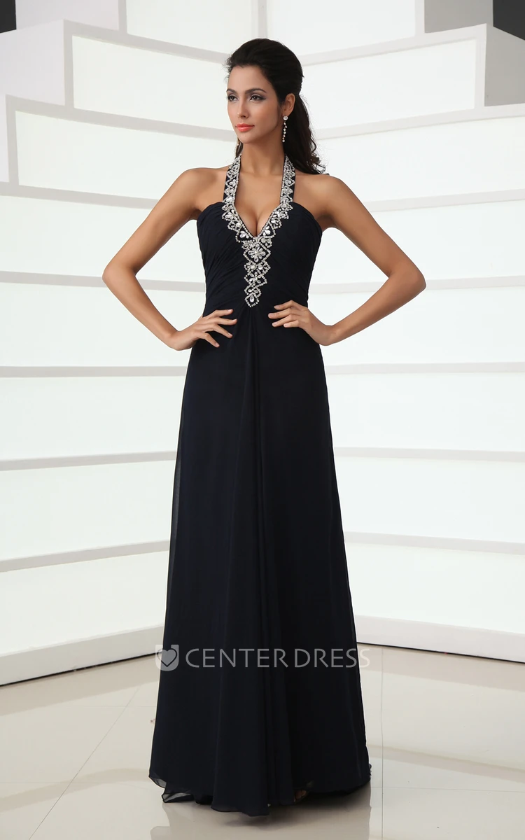 Sexy A-Line Halter Long Formal Gown With Back Crystal Strap