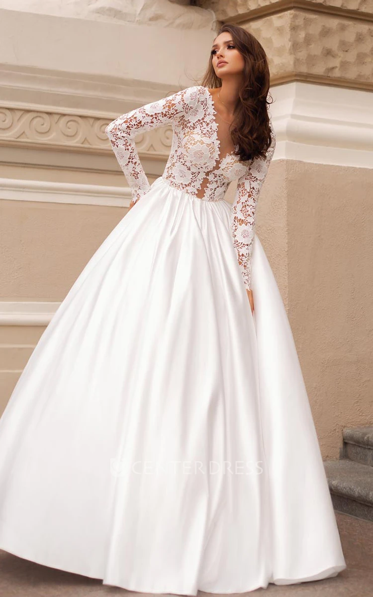 Simple Ball Gown Satin and Lace V-neck Floor-length Wedding Dress with Ruching
