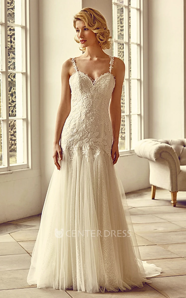 Floor-Length Straps Appliqued Tulle&Lace Wedding Dress With Brush Train And Illusion