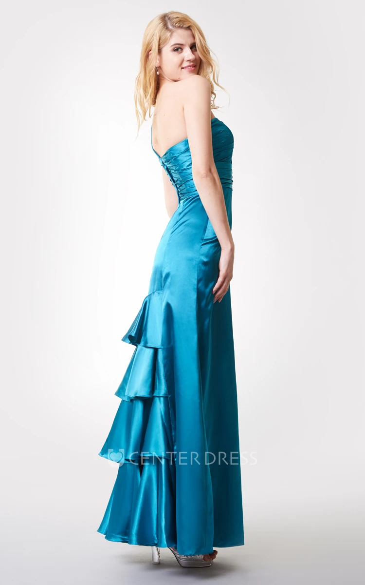 One Shoulder Ruched Long Chiffon Dress With Tiers
