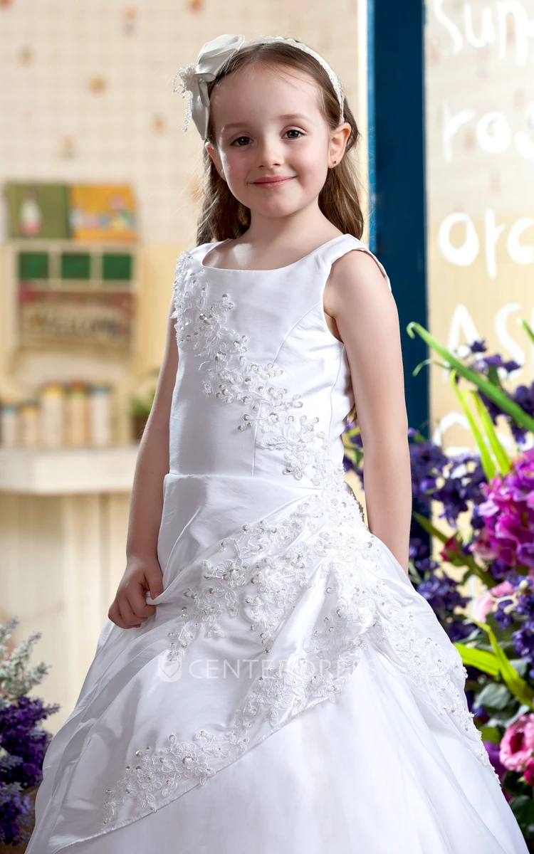 Appliqued Square-Neck Satin Flower Girl Dress With Pick-Up and Corset Back