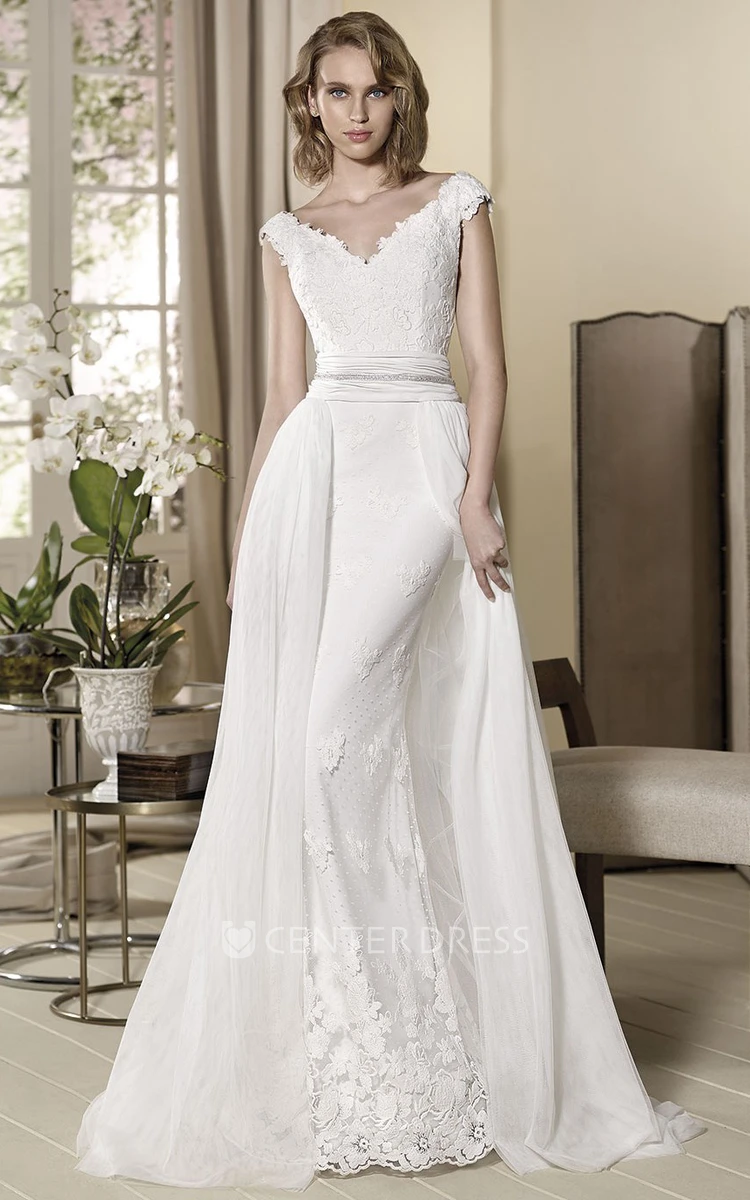 Sheath Appliqued Cap-Sleeve V-Neck Maxi Wedding Dress With Pleats