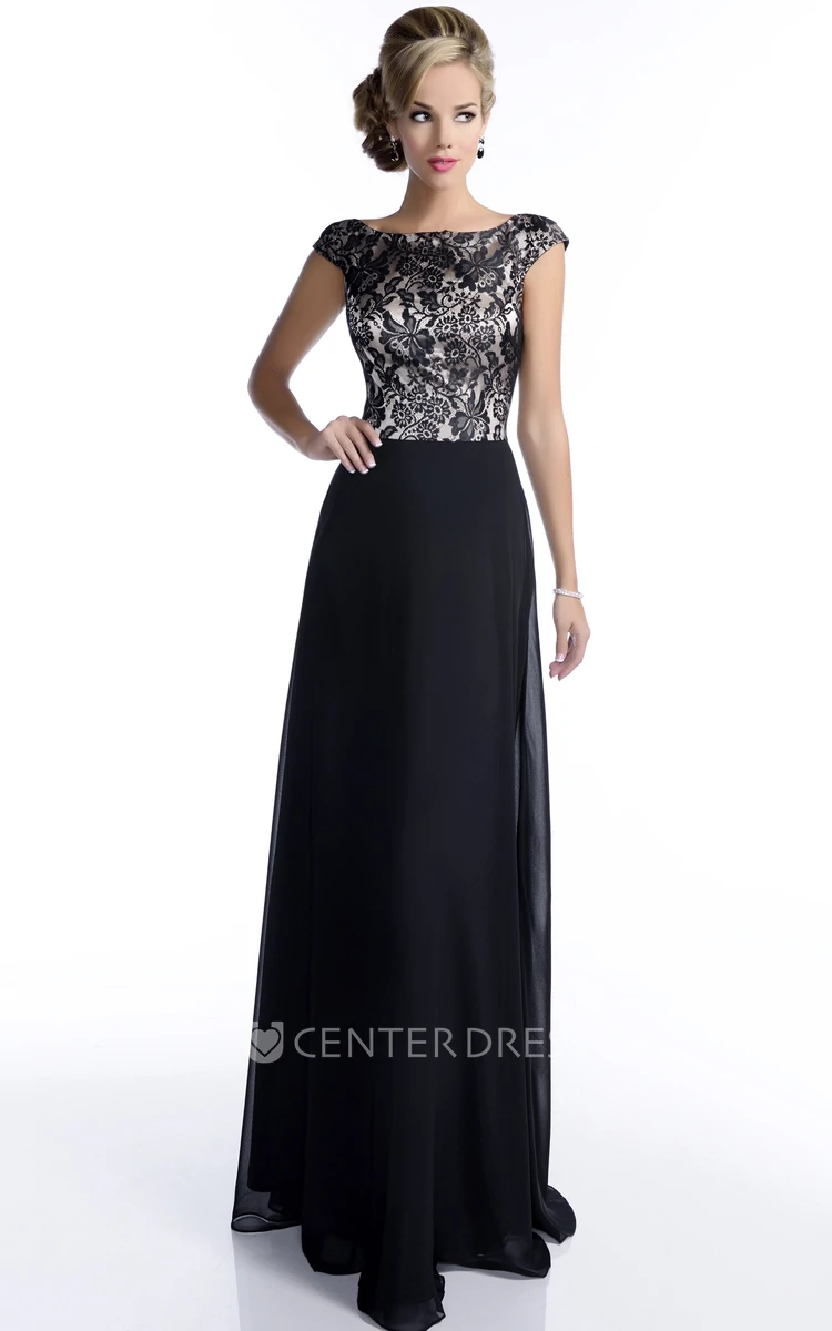 Cap Sleeve Lace And Chiffon Bridesmaid Dress With Bateau Neck And Low-V Back