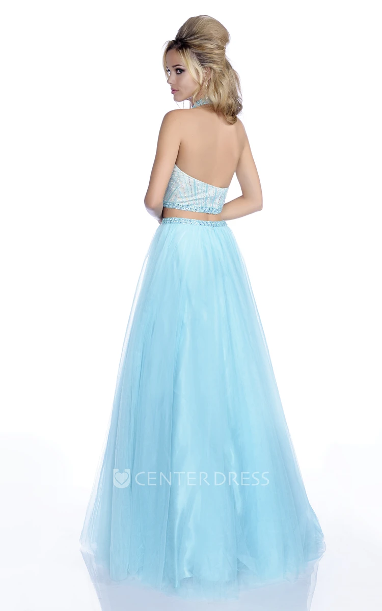 Crop Top A-Line Tulle Sleeveless Prom Dress With Crystal Bodice And Halter